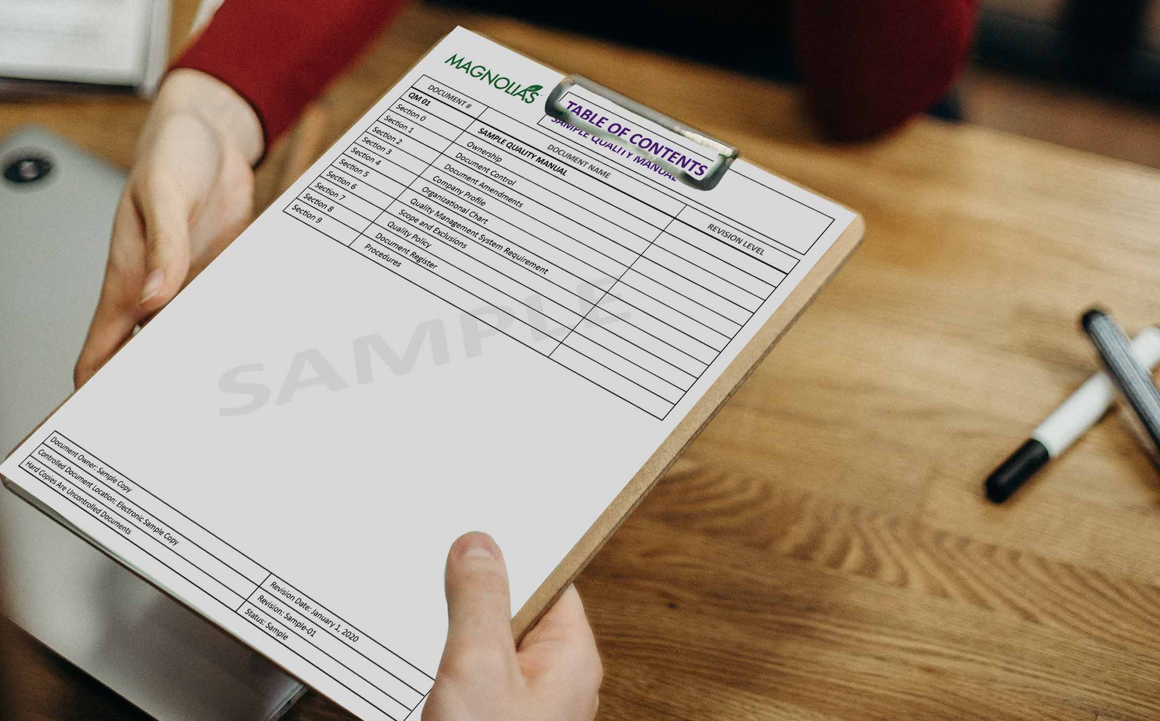 A sample table of contents used in ISO 9001, as well as other business quality manuals.